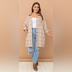 New Plaid Button Up Shacket Dress With Roll Up Sleeves